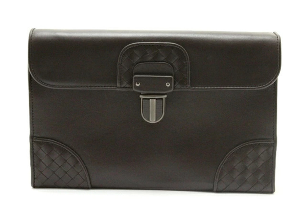BOTTEGA VENETA Intrecciato Clutch Bag Brown Leather